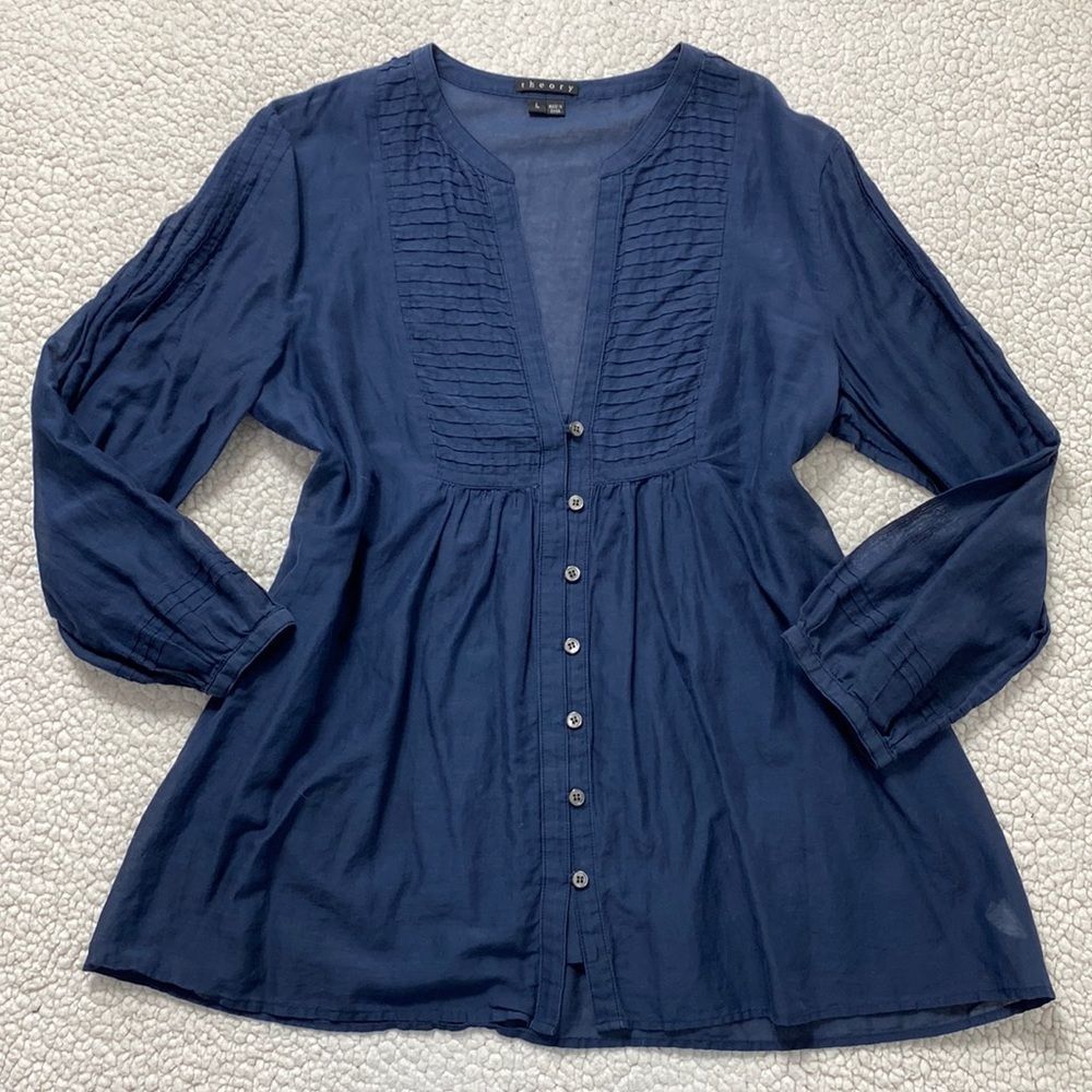 Theory Briallen Blue Silk Blend Deep V Neck 3/4 Sleeve Button Up Top Size Large